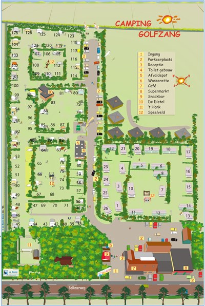 Plattegrond van Camping Golfzang. Familiecamping aan zee en dichtbij het strand en de duinen. Honden zijn toegestaan en het terrein is autovrij. www.campinggolfzang.nl